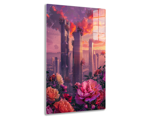 A futuristic, fantasy cityscape with towering skyscrapers and vibrant flowers in the foreground, set against a dramatic, fiery sunset sky with billowing clouds.
