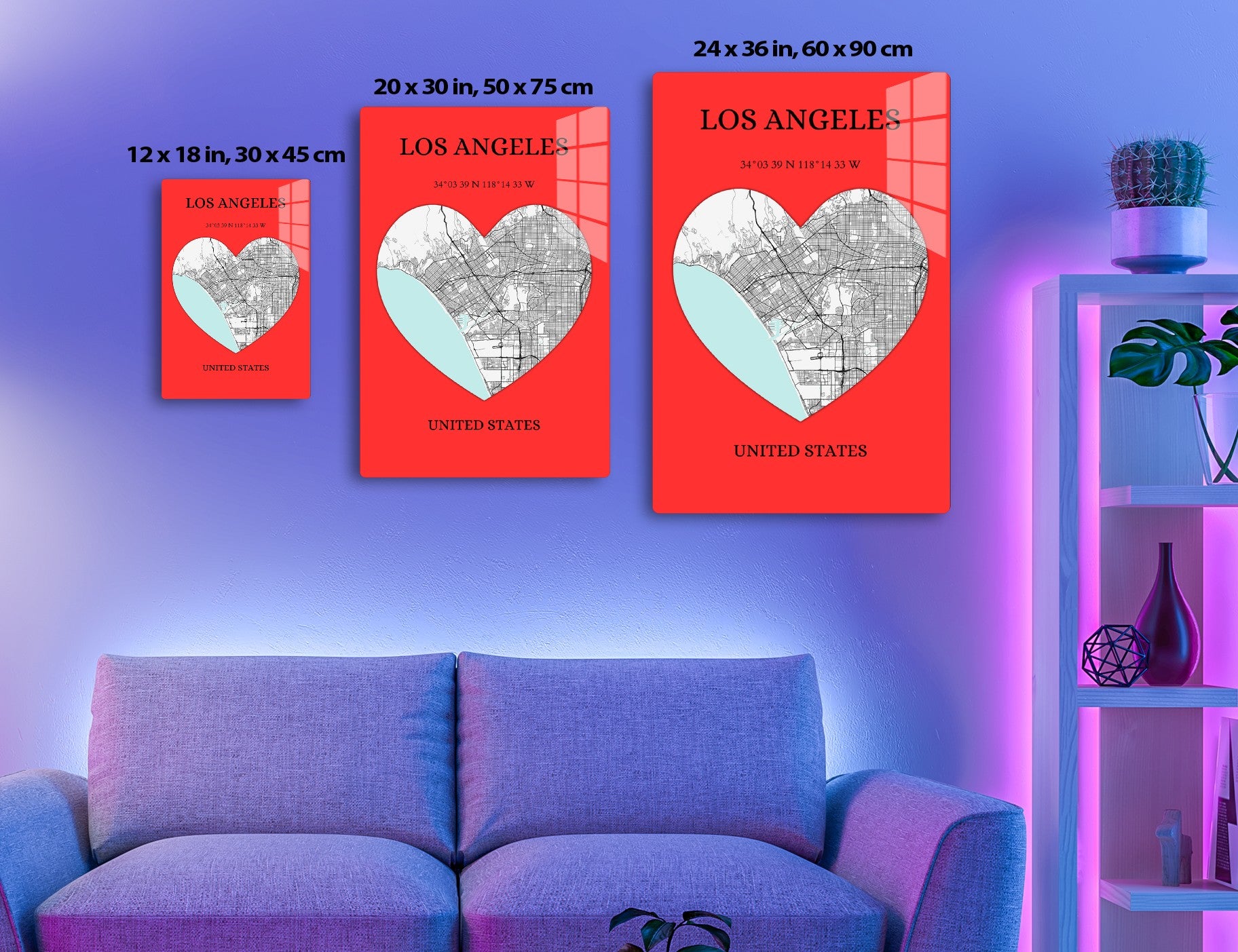 Map of Los Angeles in the shape of a heart, featuring streets and coastline, on a red background with city name, coordinates, and country. Alt text: Map of Los Angeles in heart shape with street grid and coastline over red background,
