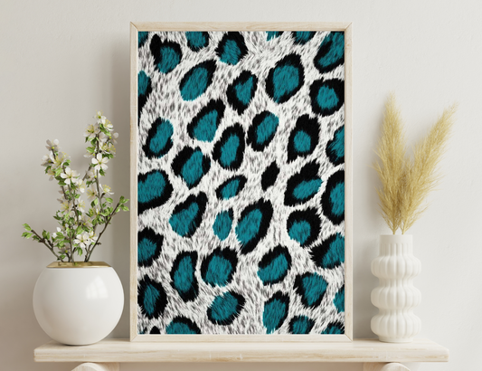 Teal, black, and white animal print pattern resembling cheetah or jaguar fur texture.
