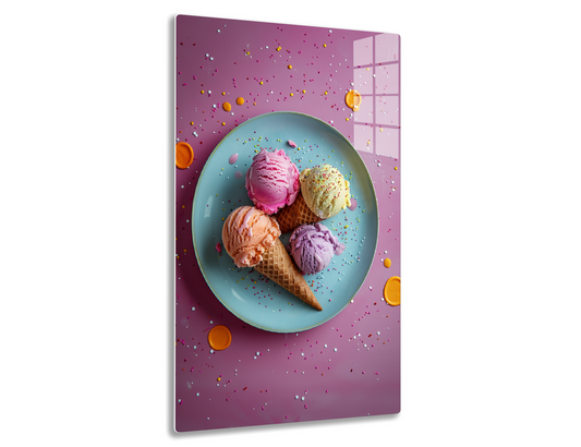 A blue plate with four colorful ice cream scoops in wafer cones - pink, yellow, white, and purple - surrounded by sprinkles on a pink background.

