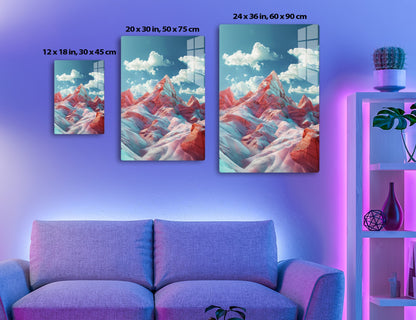 Surreal landscape featuring towering red and blue mountains with jagged peaks against a cloudy blue sky, creating a striking and otherworldly scene.
