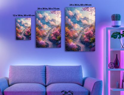 A surreal landscape featuring majestic snow-capped mountains amidst vibrant pink, yellow and blue foliage, with a winding river reflecting the colorful scenery and cherry blossoms in the foreground.
