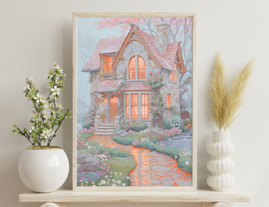 A charming cottage with stone walls, arched windows, and tiled roofs surrounded by a lush garden with blooming flowers, a winding brick path, and cherry blossom trees in the background.
