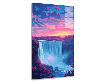 A vibrant pink and blue sunset sky overflows with clouds above a breathtaking waterfall crashing into a misty pool surrounded by lush pink foliage.
