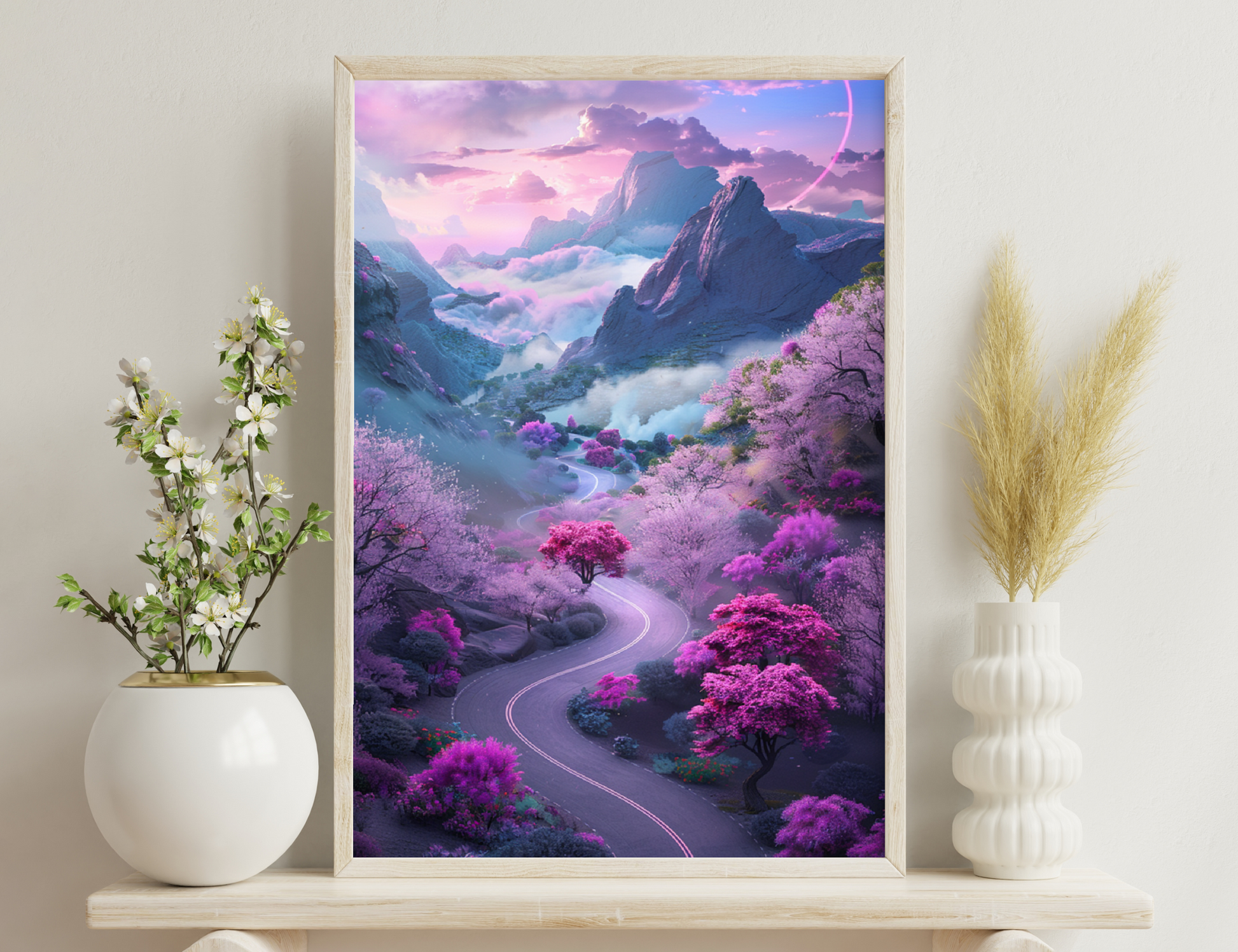 A scenic mountain landscape with winding road lined by vibrant pink and purple flowering trees against a misty background of towering peaks and dramatic clouds at sunset or sunrise.

