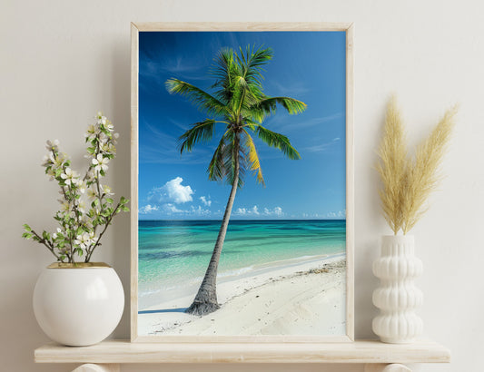 A tall, lush palm tree stands on a pristine white sandy beach, overlooking stunning turquoise waters under a blue sky with fluffy white clouds.

