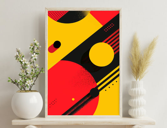 Abstract geometric composition in red, yellow, and black colors with shapes like circles, dots, and diagonal lines creating a dynamic and bold visual style reminiscent of constructivism or futurism art movements.
