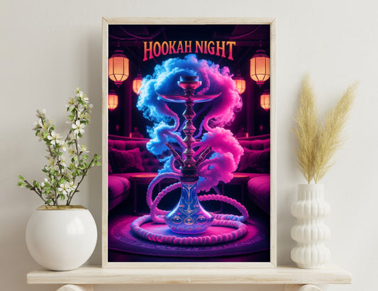 An ornate hookah with colorful smoke swirling around it, set against a backdrop of lanterns and the text "Hookah Night."
