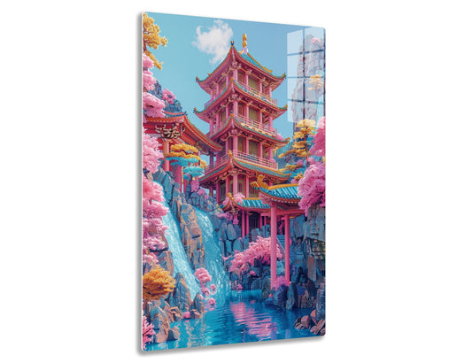 A vibrant and imaginative scenery featuring an ornate pink pagoda surrounded by blooming cherry blossom trees, towering blue rocky cliffs, and a serene turquoise river flowing through the fantastical landscape.
