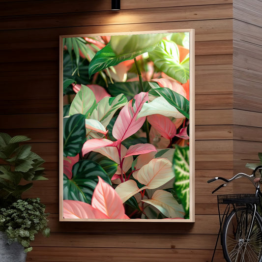 Closeup view of vibrant pink and green variegated leaves of a tropical plant, with intricate patterns and veins on the foliage.
