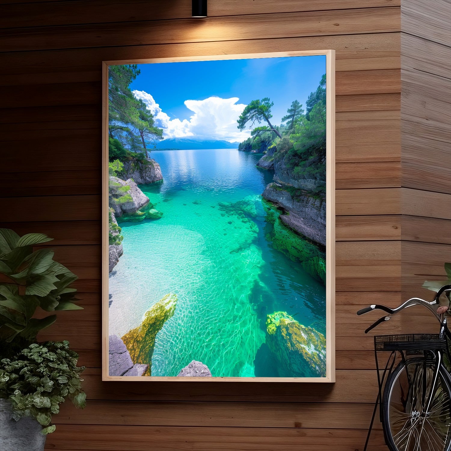 Breathtaking view of a turquoise lake surrounded by rocky shores, lush green trees, and towering mountains in the distance under a vibrant blue sky with fluffy white clouds.
