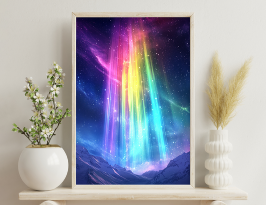 Colorful aurora borealis lights illuminate the night sky over snow-capped mountains, creating a mesmerizing cosmic display of vibrant purple, pink, yellow, green, and blue hues.
