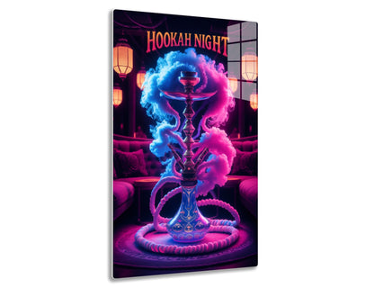 A neon sign "Hookah Night" with an ornate hookah pipe emitting colorful smoke against a Middle Eastern nightclub setting with hanging lanterns.
