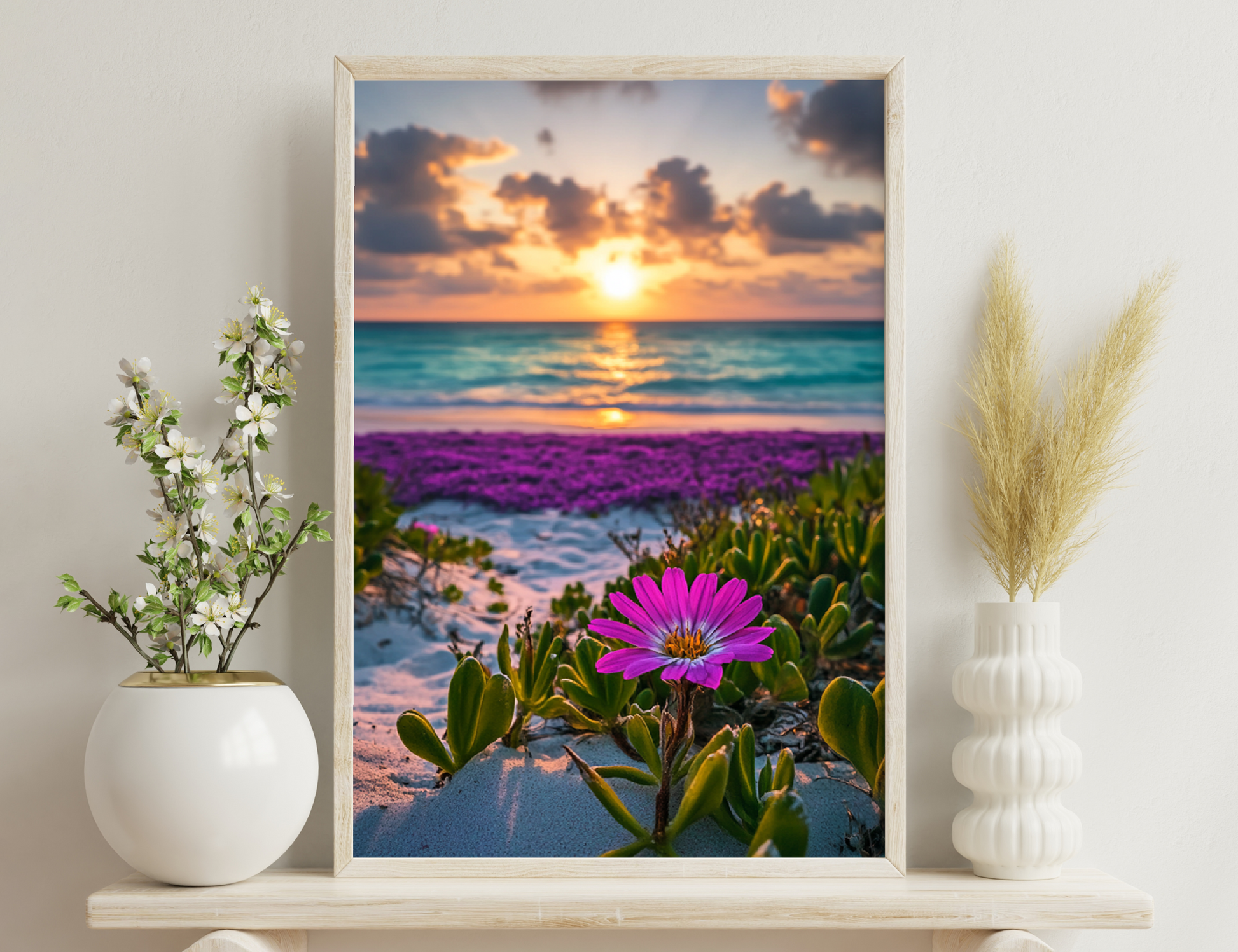 Vibrant sunset over the ocean with a purple flower field in the foreground and dramatic clouds reflecting on the rippled water surface.

