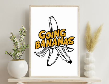 Going Bananas image with a peeled banana and text in a comic style
