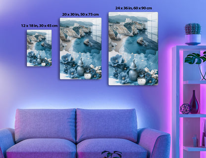 A scenic image of a cliffside building overlooking a turquoise sea and unique rock formations, combined with a floral arrangement of blue and white flowers and a decorative vase with a lit candle in the foreground.
