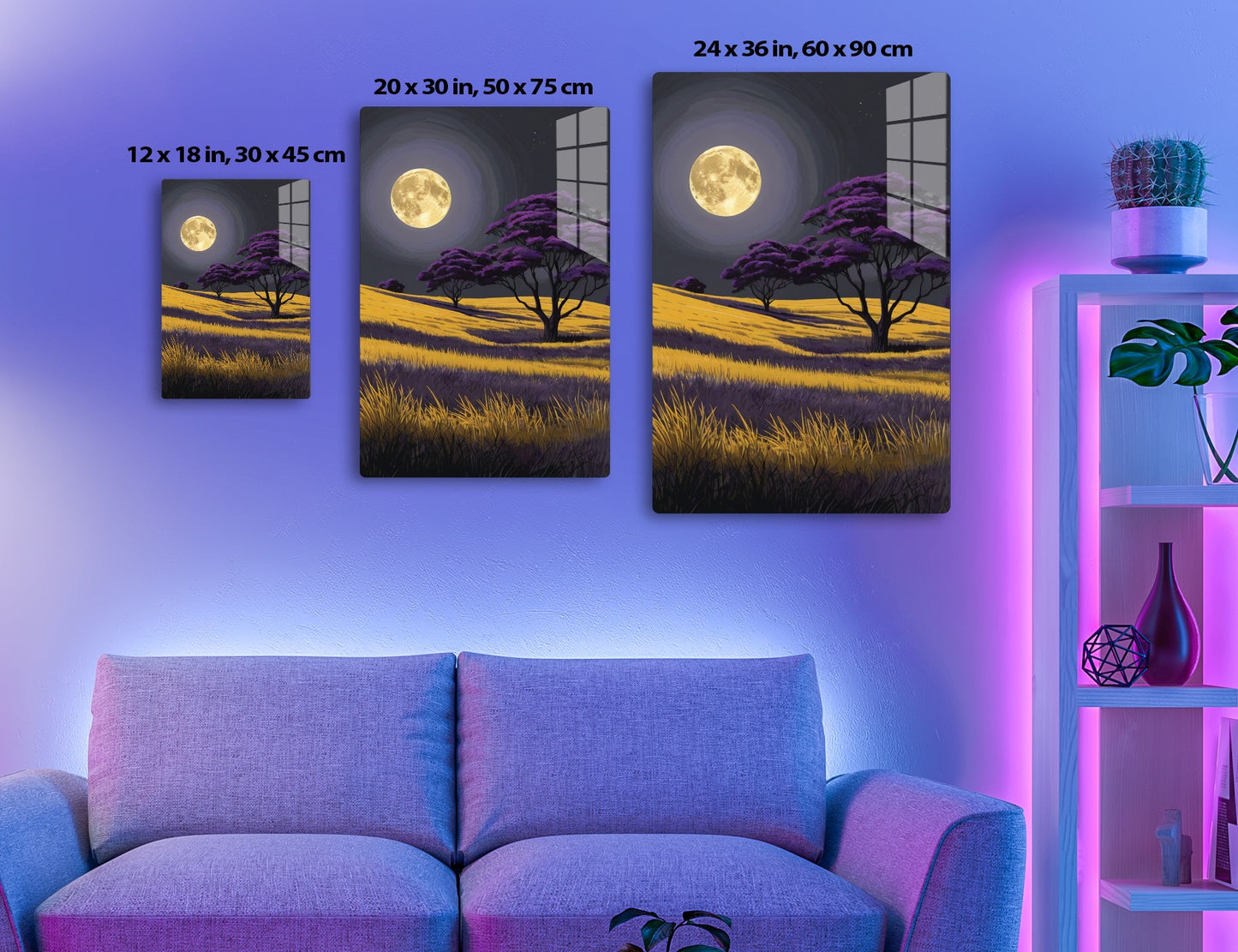 A surreal nighttime landscape with a large full moon glowing in the sky, tall purple trees swaying in the breeze, and golden wheat fields rippling in the moonlight.
