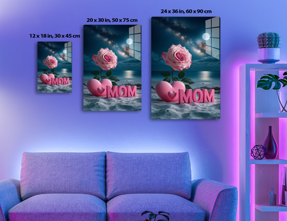 A pink rose and pink heart with "MOM" text against a scenic night sky with a full moon and Milky Way over a peaceful ocean, for a Mother's Day theme.
