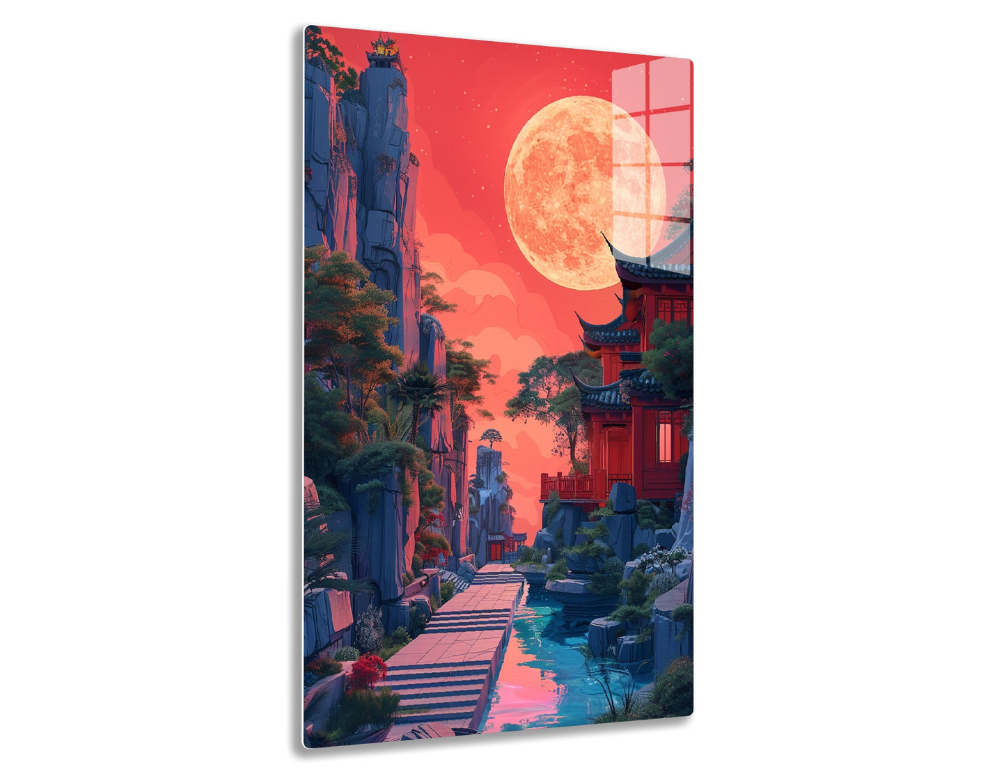 A surreal Asian landscape featuring towering rocky cliffs, pagoda-style buildings, and a massive orange moon in a reddish sky, with a winding path leading through lush greenery and a tranquil pond reflecting the moon
