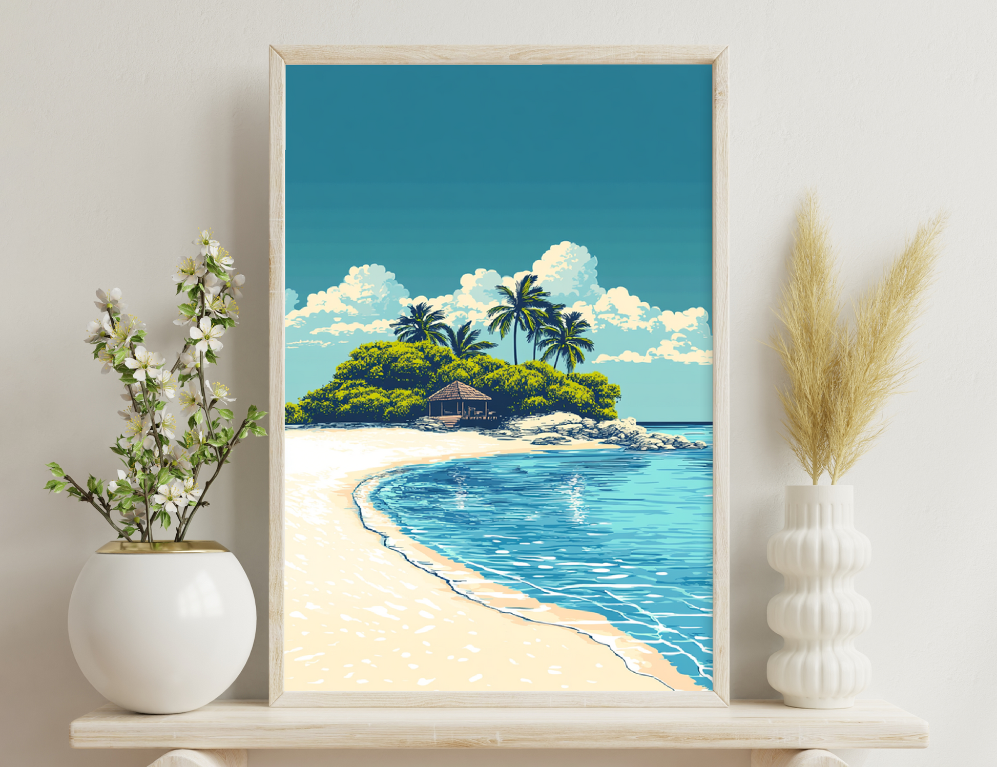 A tropical island paradise with white sandy beaches, turquoise waters, swaying palm trees, and a small thatched hut nestled among lush green foliage against a blue sky with fluffy white clouds.
