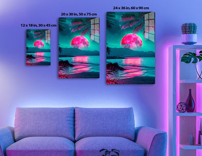 A vibrant, digitally-rendered paradise landscape with a massive pink full moon rising over an ocean horizon, casting its vivid reflection on the water's surface. Silhouetted palm trees frame the dreamy, neon-colored scene
