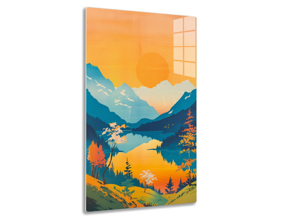 A stunning landscape illustration depicting a serene mountain lake at sunset. The vibrant orange sun is reflected in the still waters, surrounded by snow-capped peaks, evergreen trees, and autumnal foliage in warm hues.
