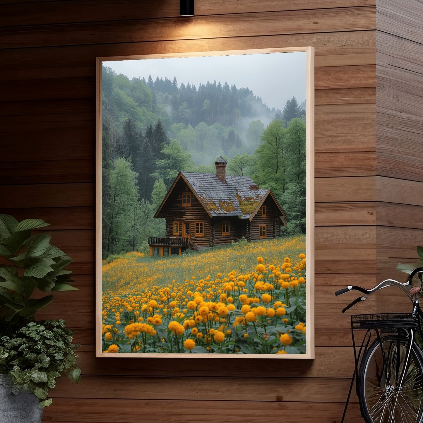 A rustic log cabin nestled in a lush green forest surrounded by a field of vibrant yellow flowers, with a smoky haze lingering in the background.
