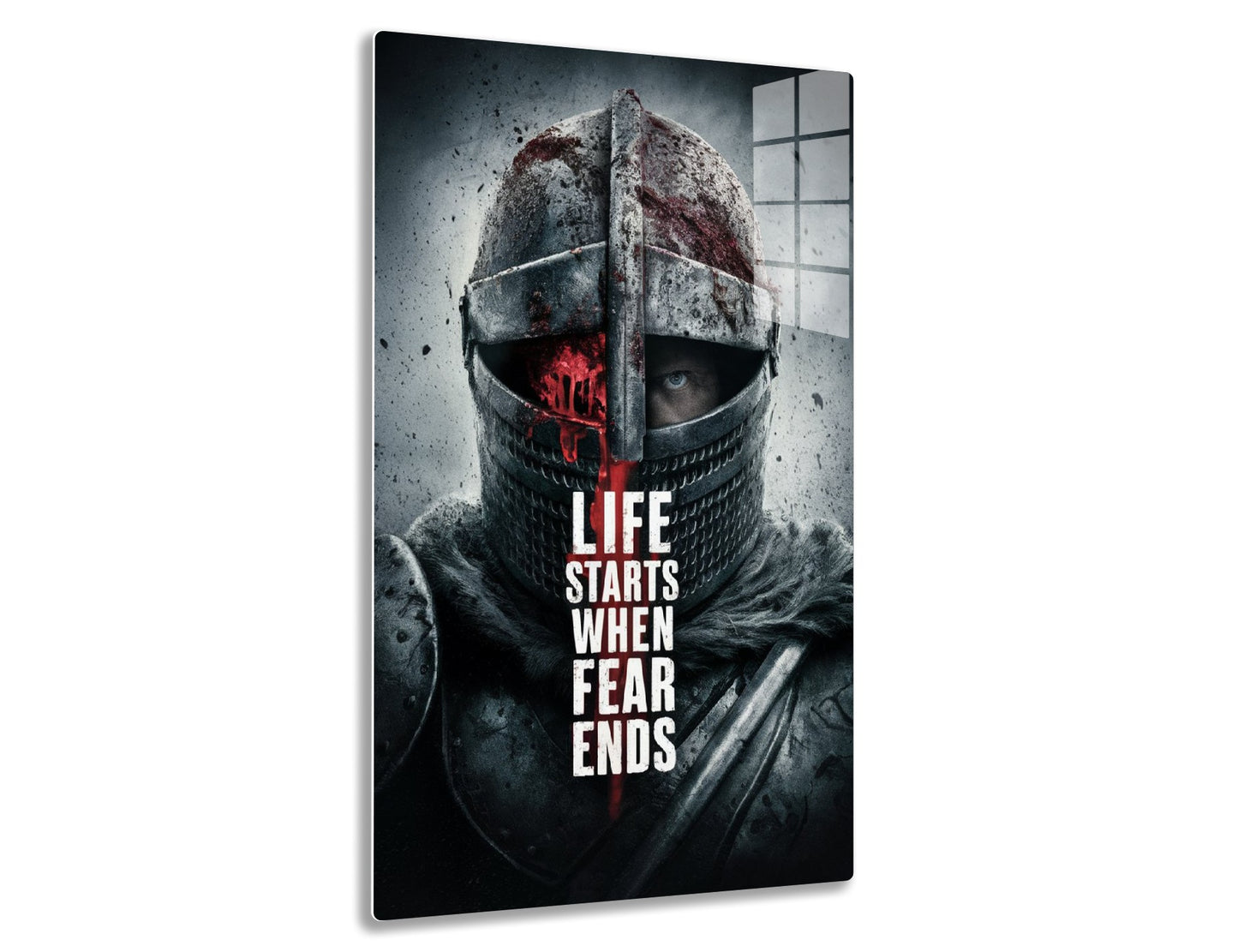 A warrior's helmet covered in blood and grime depicts a fierce expression, with the text "Life starts when fear ends" displayed boldly across it, creating a powerful and intense visual.
