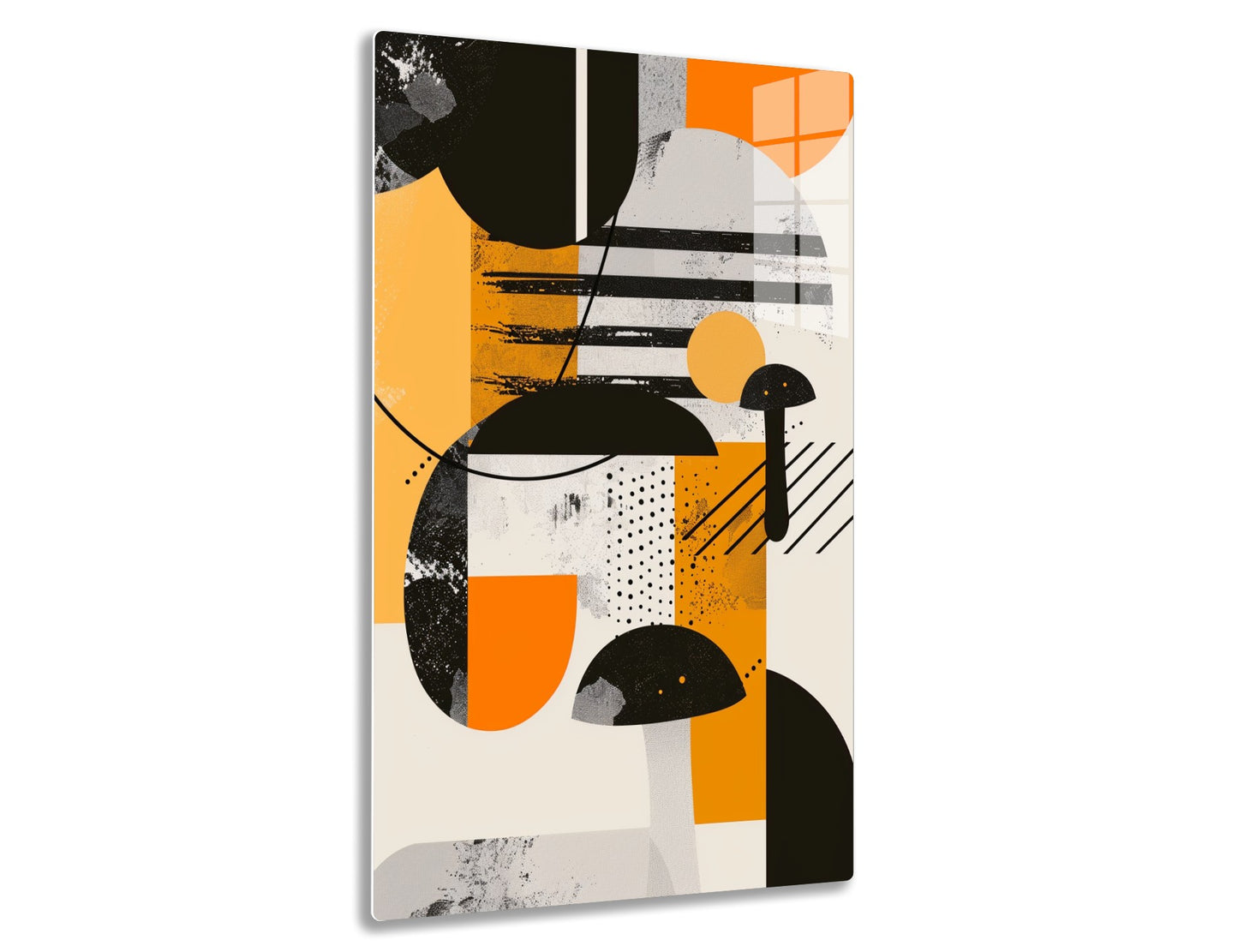 Abstract geometric composition with bold shapes in black, white, orange, and gray colors, featuring circles, lines, dots, and textured patterns, creating a dynamic and modern visual design.
