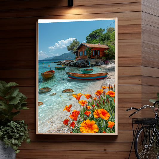 Scenic lake view with wooden cabin, boats, orange flowers in foreground, and mountains in the background, creating an idyllic summer landscape.
