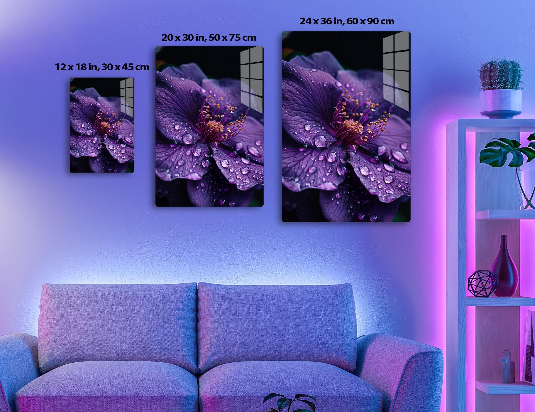 A close-up shot of a vibrant purple hibiscus flower with water droplets adorning its delicate petals, showcasing the intricate details of the stamen and pistil in the center.
