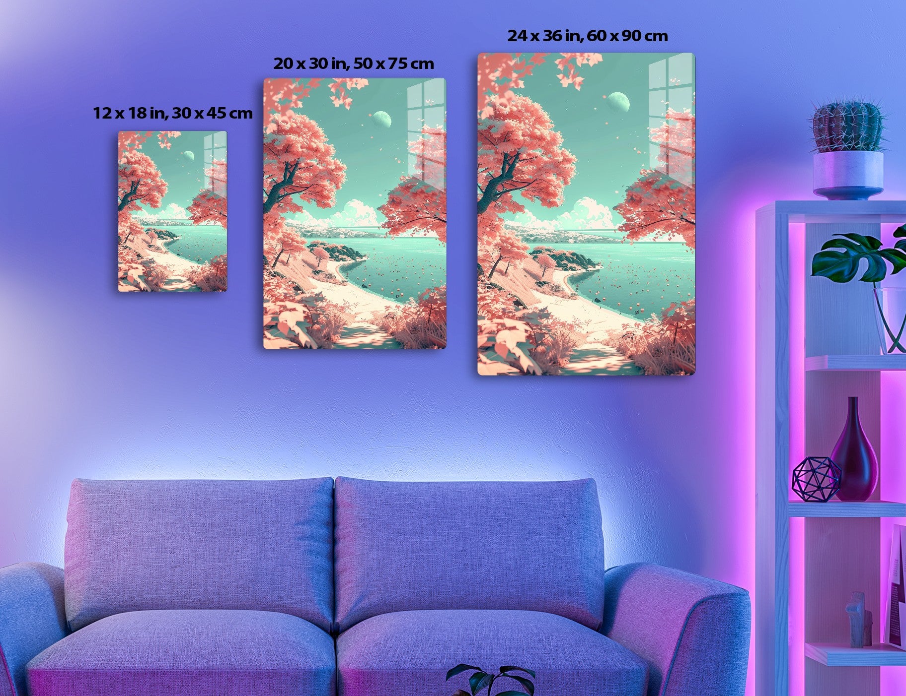 Dreamy moonlit landscape with pink blossoming trees, turquoise lake, winding path, and scattered petals under a full moon in a cloudy sky.
