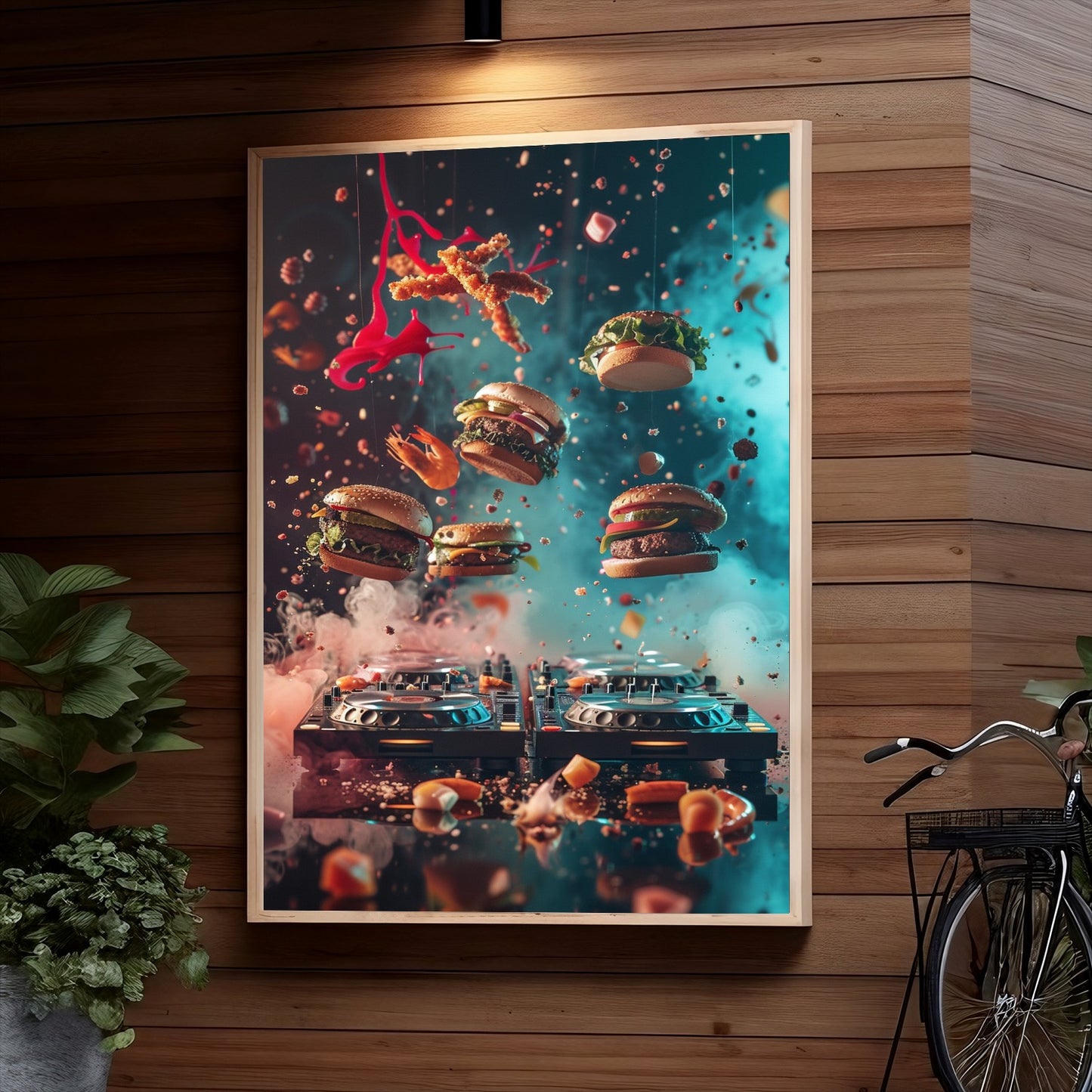 Floating burgers in midair, accompanied by splashes of vibrant colors and a DJ setup below, creating a surreal and dynamic composition.
