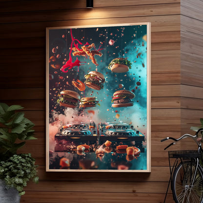 Floating burgers in midair, accompanied by splashes of vibrant colors and a DJ setup below, creating a surreal and dynamic composition.
