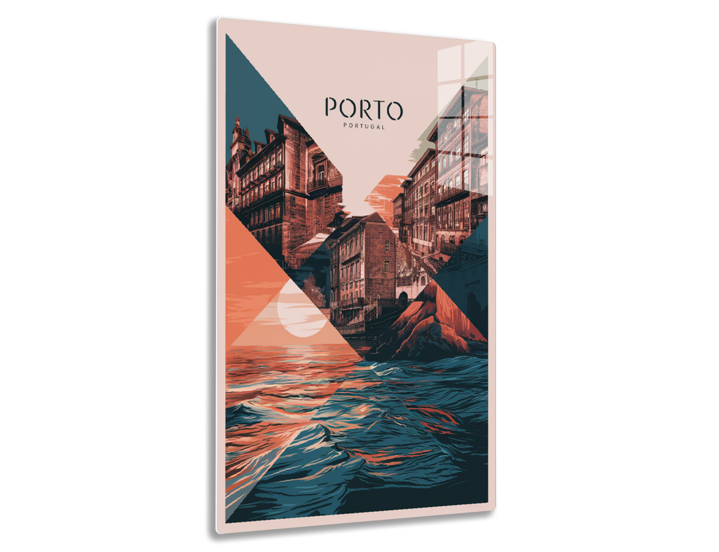 A stylized travel poster depicting the city of Porto, Portugal, with its iconic colorful buildings along the Douro River against a geometric background of shapes and a dramatic sunset sky.
