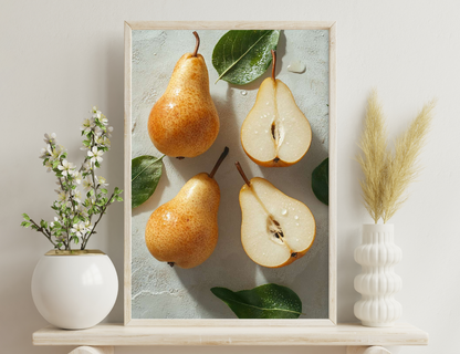 Whole and sliced ripe pears with speckled yellow skin and leaves arranged on a textured surface.
