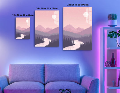 Mountain landscape at night with a full moon, pine forests and a winding river reflecting the moonlight in shades of pink and purple.
