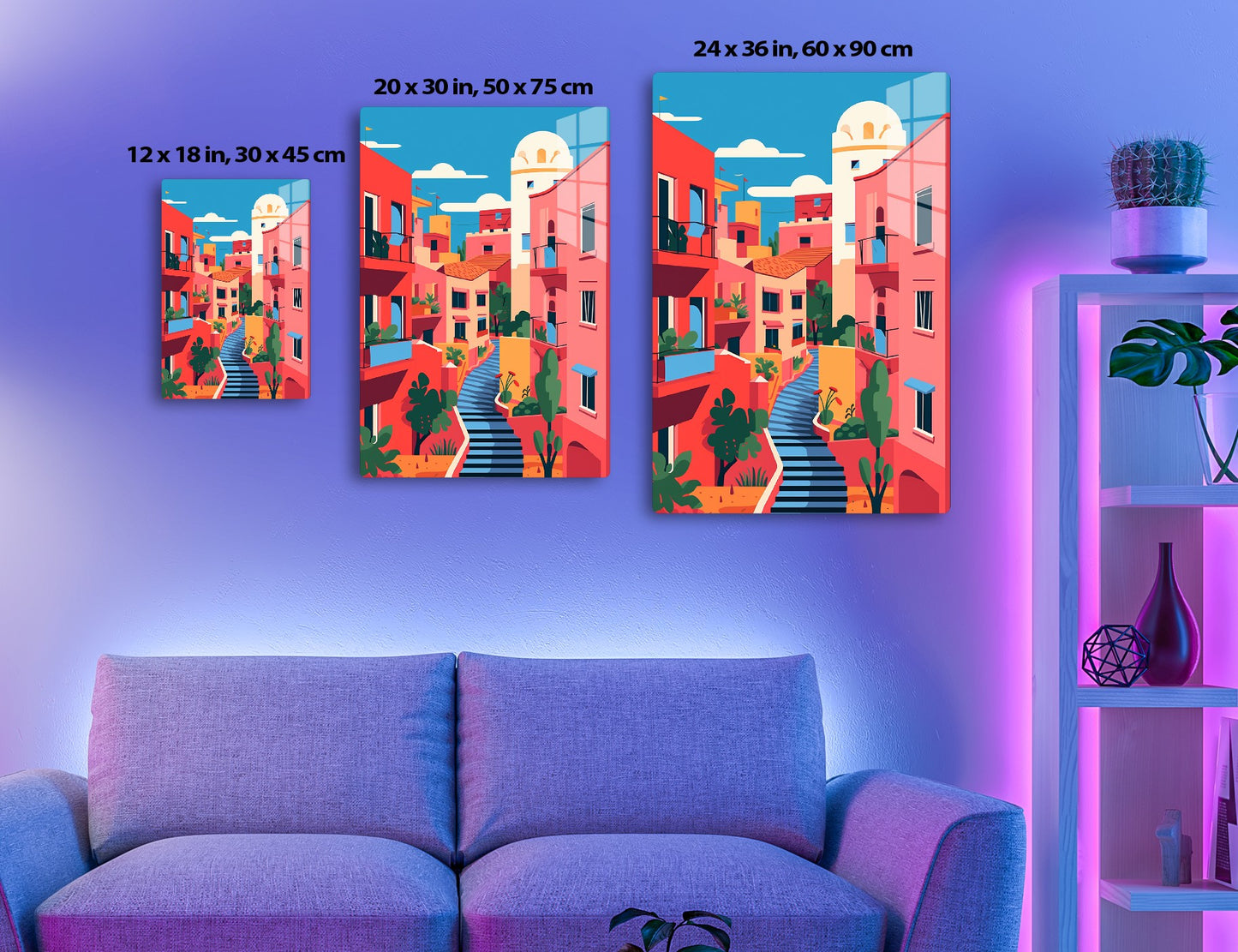 Colorful illustration of a Mediterranean-style village with vibrant red, orange, and pink buildings, stairs, domes, plants, and a blue sky with clouds.
