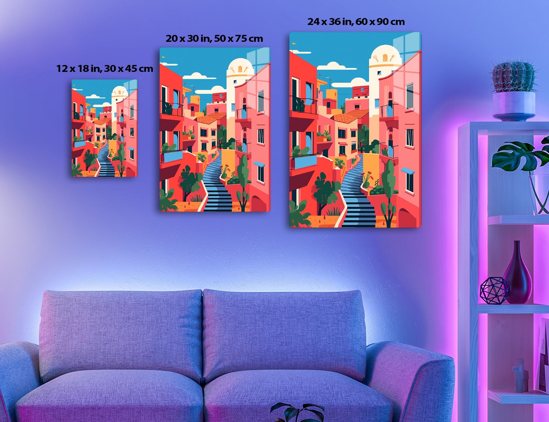 Colorful illustration of a Mediterranean-style village with vibrant red, orange, and pink buildings, stairs, domes, plants, and a blue sky with clouds.
