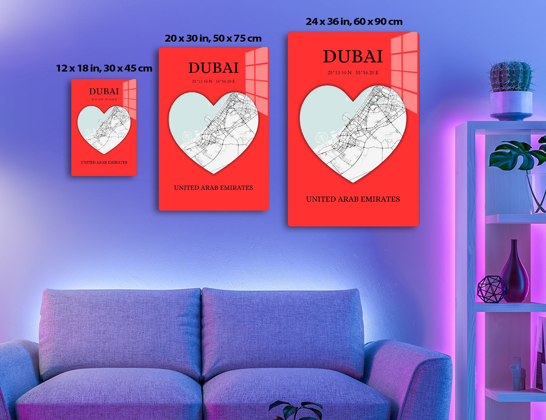 Map of Dubai in the shape of a heart on a red background with city name, geographic coordinates, and country name shown.
