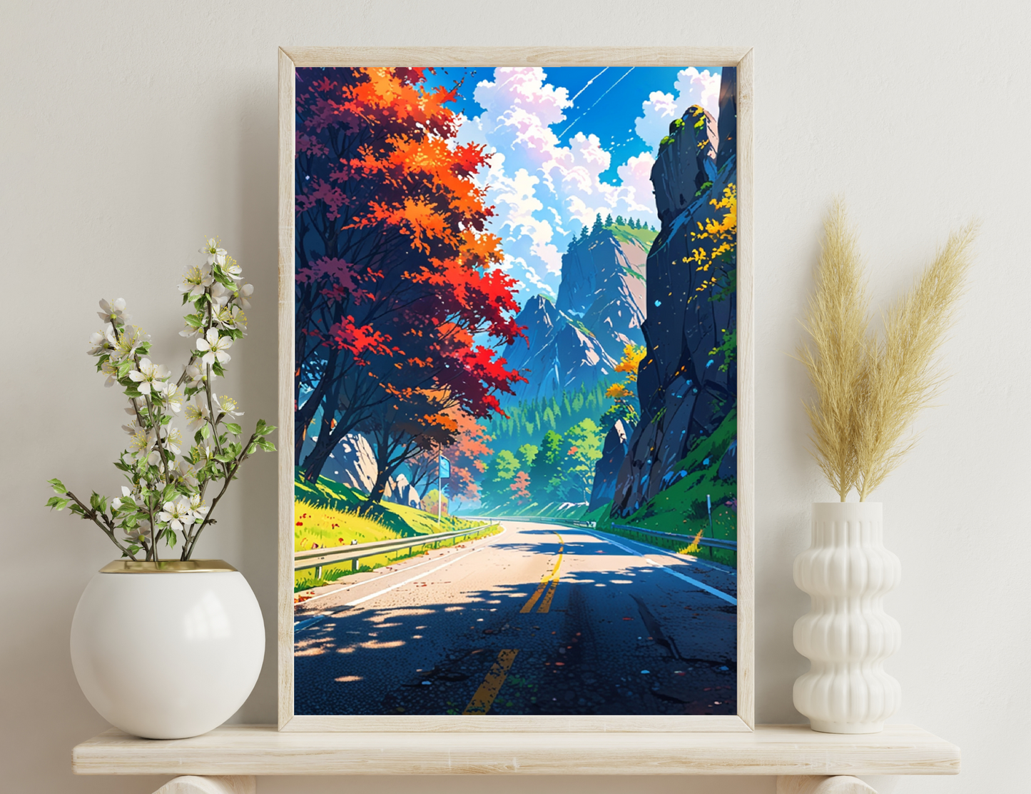 An autumn mountain road winding through towering cliffs with vibrant fall foliage, a flowing river by the roadside under a blue sky with white clouds.
