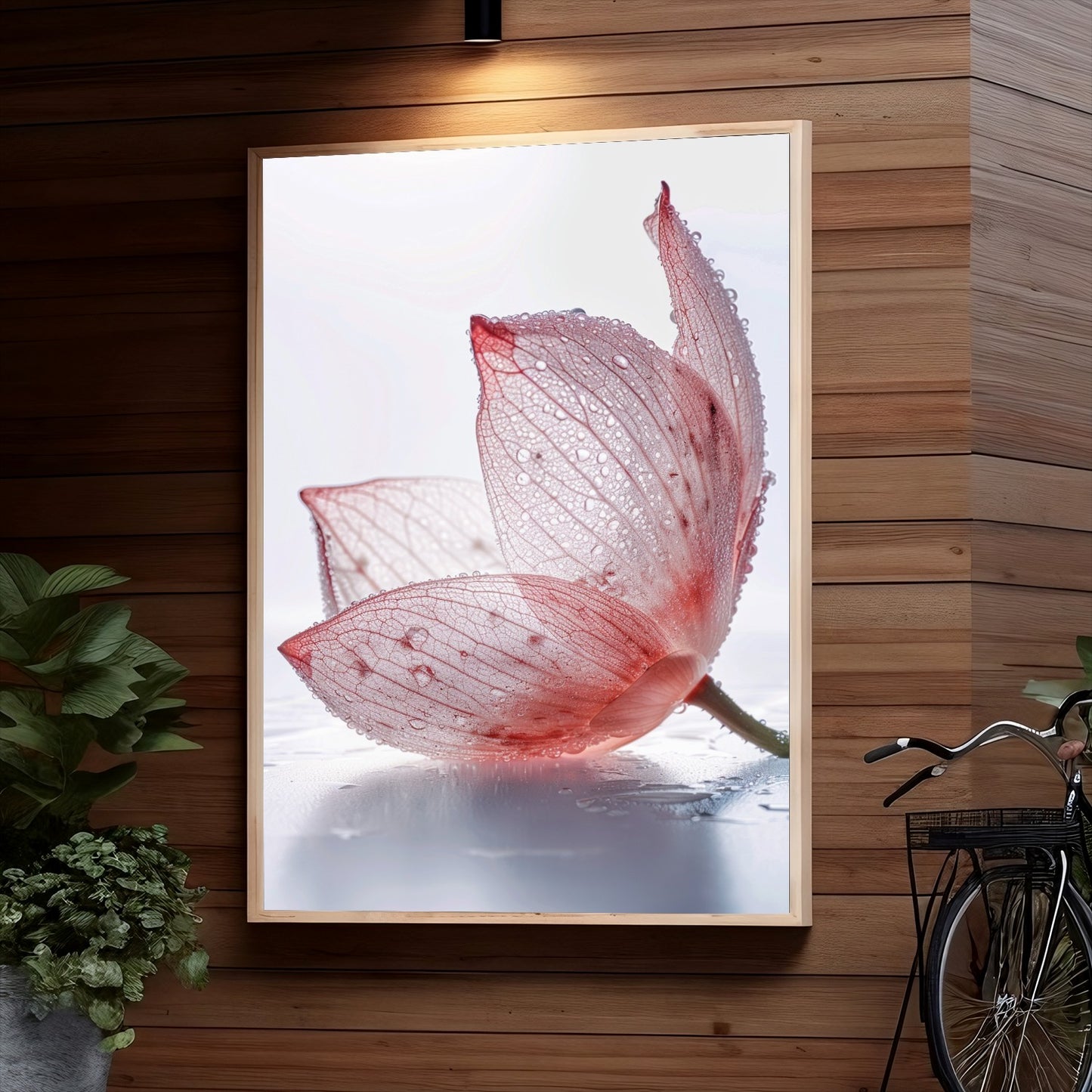 Delicate pink butterfly wing with intricate vein patterns, covered in dew droplets, emerging gracefully from water surface.
