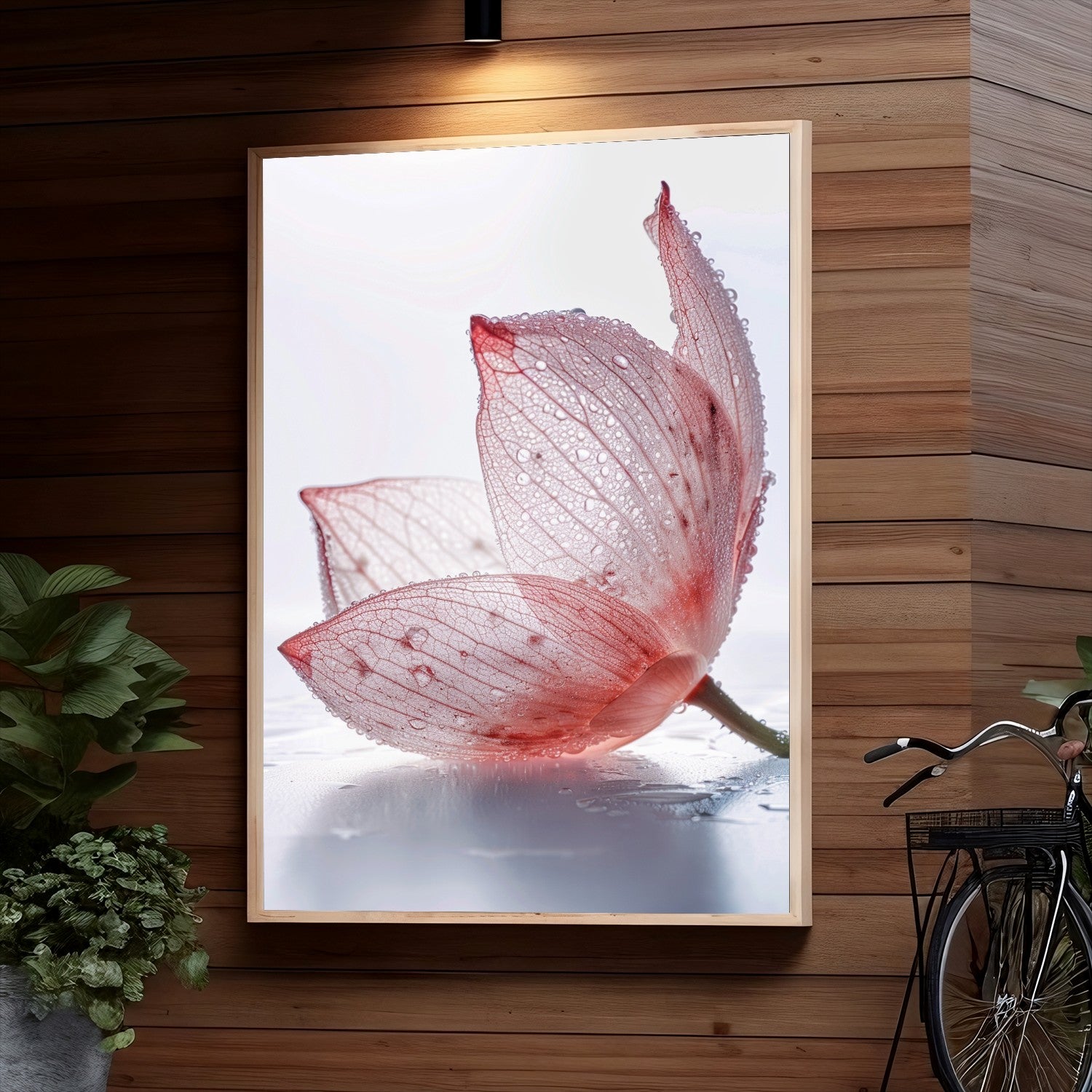 Delicate pink butterfly wing with intricate vein patterns, covered in dew droplets, emerging gracefully from water surface.
