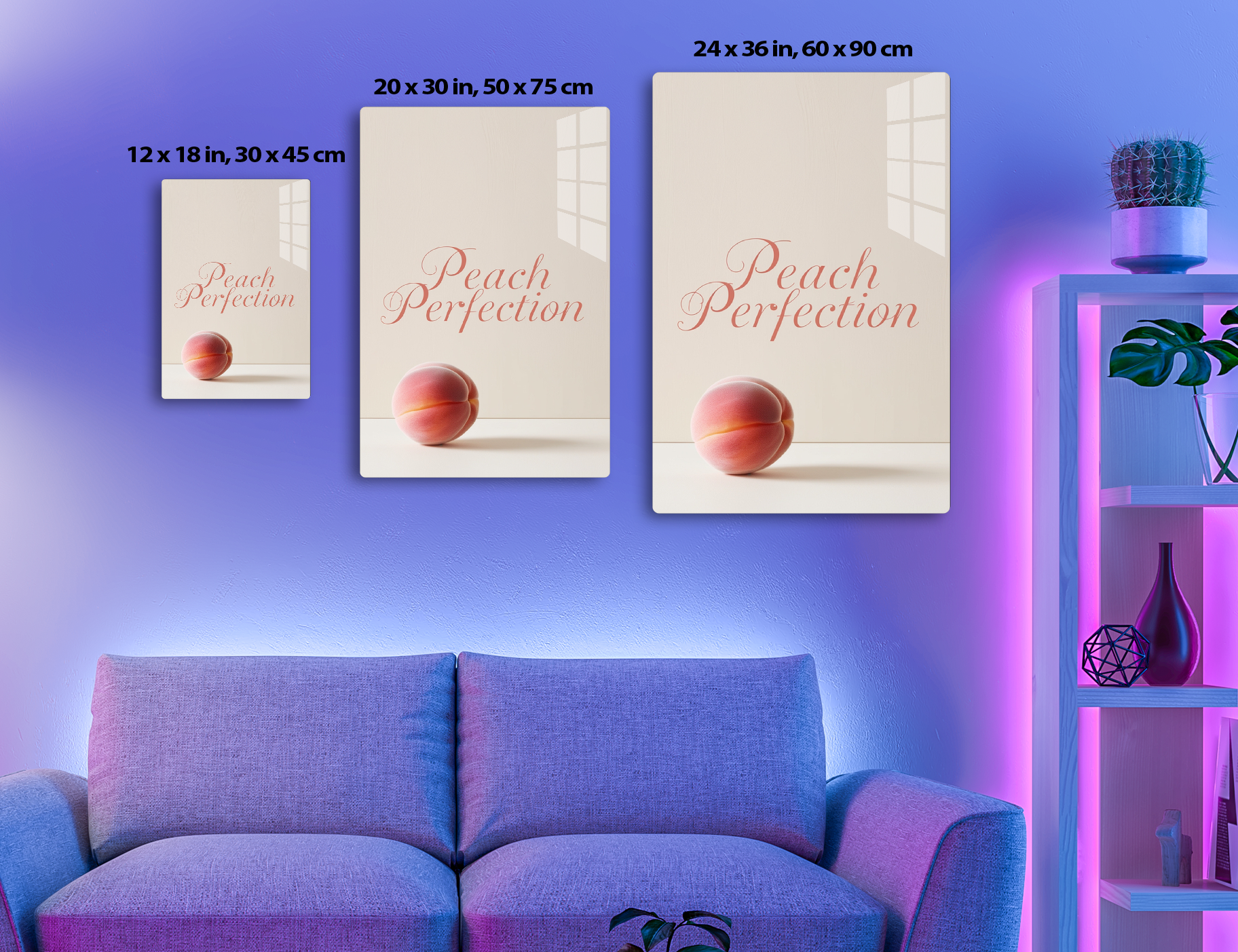 A single peach against a light background, with the text "Peach Perfection" written in a cursive reddish-pink font above the peach.
