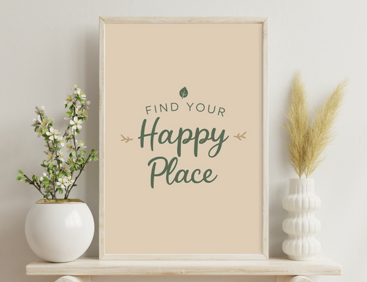 "Find Your Happy Place" text in green and beige colors with a leaf icon on a light tan background
