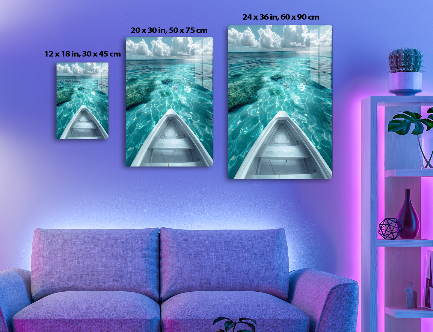 Crystal clear turquoise waters with rippling patterns from a boat's bow view, surrounded by cloudy blue skies creating a serene tropical paradise.
