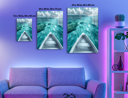 Crystal clear turquoise waters with rippling patterns from a boat's bow view, surrounded by cloudy blue skies creating a serene tropical paradise.
