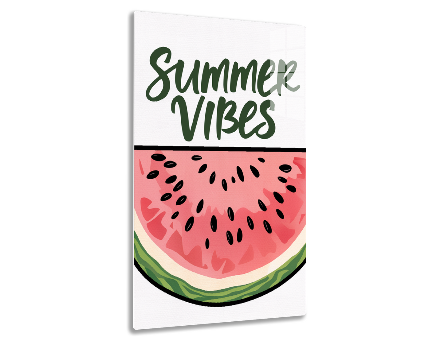 An illustration featuring the text "Summer Vibes" in a stylized green script, along with a large slice of pink watermelon with black seeds shown below.
