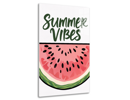 An illustration featuring the text "Summer Vibes" in a stylized green script, along with a large slice of pink watermelon with black seeds shown below.
