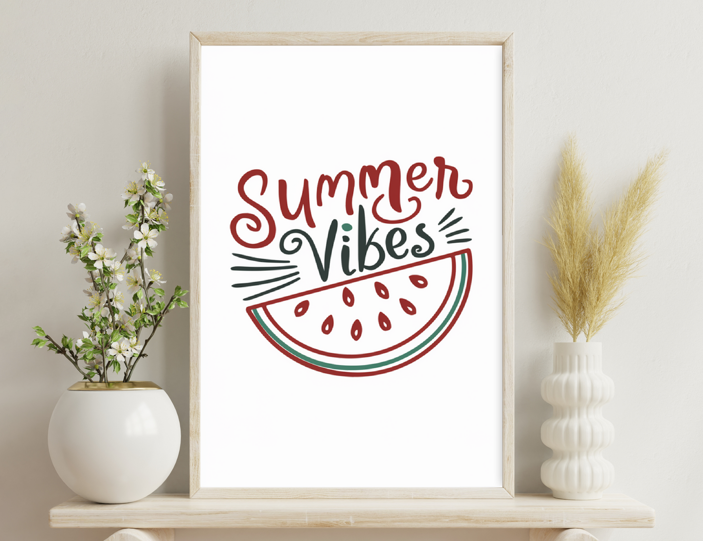 Summer Vibes text design featuring a stylized watermelon slice illustration, evoking a vibrant and refreshing summer mood.
